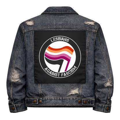 Lesbians Against Fascism Full Colour Back Patch shown on the back of a distressed denim jacket: antifa-style roundel with lesbian flags, reading "LESBIANS AGAINST FASCISM"