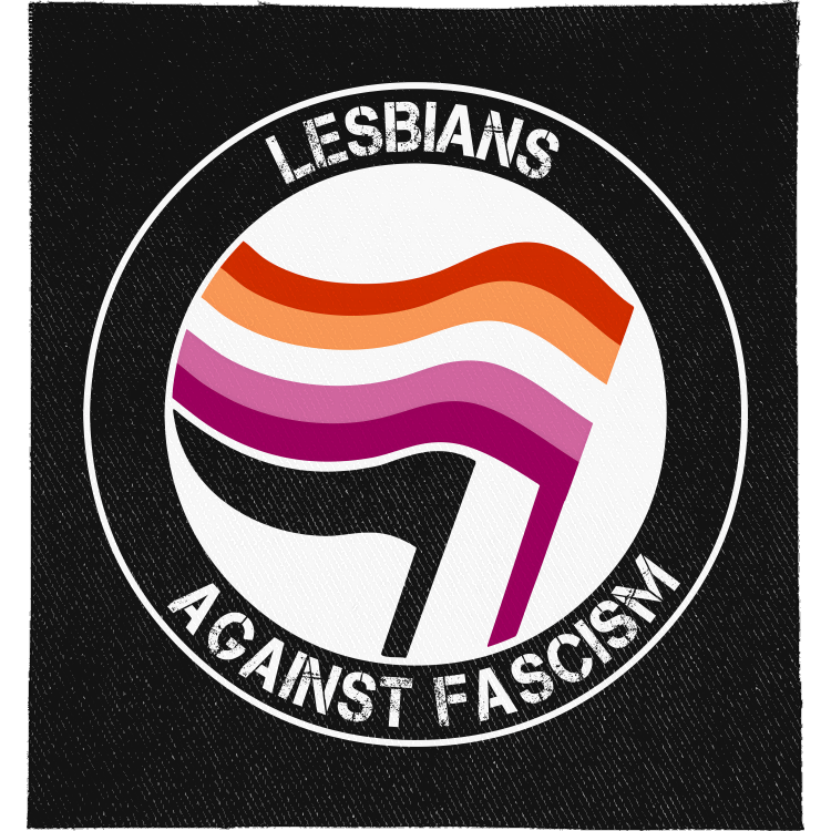 Lesbians Against Fascism Full Colour Patch: antifa-style roundel with lesbian flags, reading "LESBIANS AGAINST FASCISM"