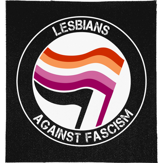 Lesbians Against Fascism Full Colour Patch: antifa-style roundel with lesbian flags, reading "LESBIANS AGAINST FASCISM"