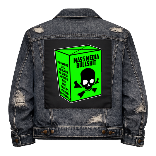 Mass Media Bullshit Full Colour Back Patch shown on the back of a distressed denim jacket: green product box with a skull and crossbones and small-print ingredients, reading "MASS MEDIA BULLSHIT"