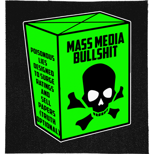 Mass Media Bullshit Full Colour Patch: green product box with a skull and crossbones and small-print ingredients, reading "MASS MEDIA BULLSHIT"