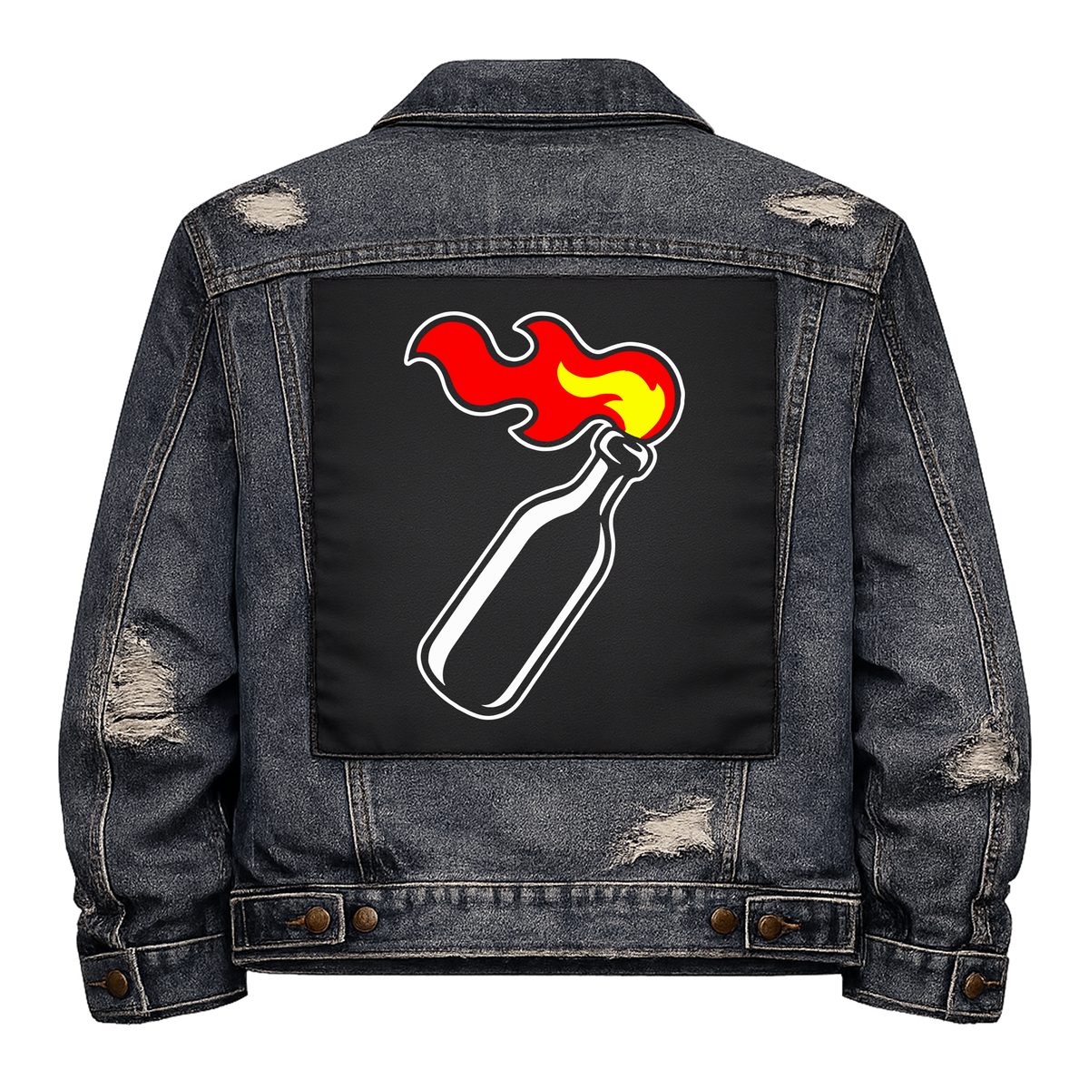 Molotov Cocktail Full Colour Back Patch shown on the back of a distressed denim jacket: flaming molotov cocktail bottle