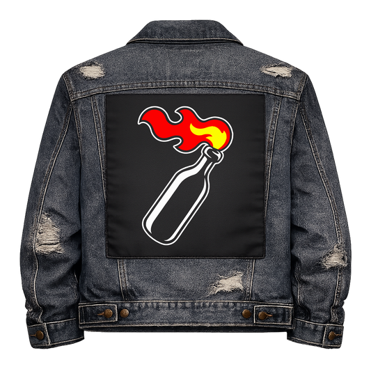 Molotov Cocktail Full Colour Back Patch shown on the back of a distressed denim jacket: flaming molotov cocktail bottle