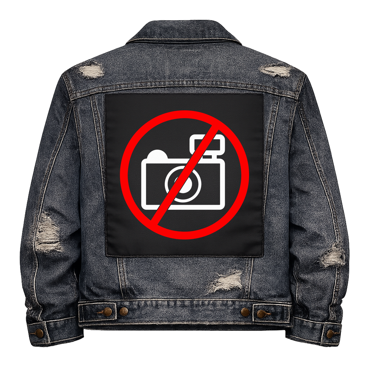 No Photos Full Colour Back Patch shown on the back of a distressed denim jacket: camera inside a red no symbol