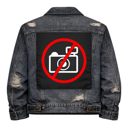 No Photos Full Colour Back Patch shown on the back of a distressed denim jacket: camera inside a red no symbol