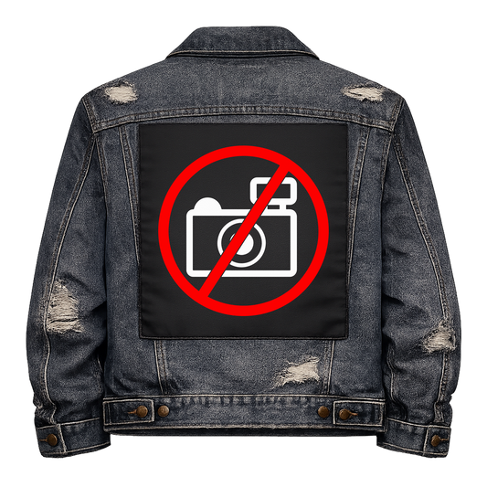 No Photos Full Colour Back Patch shown on the back of a distressed denim jacket: camera inside a red no symbol