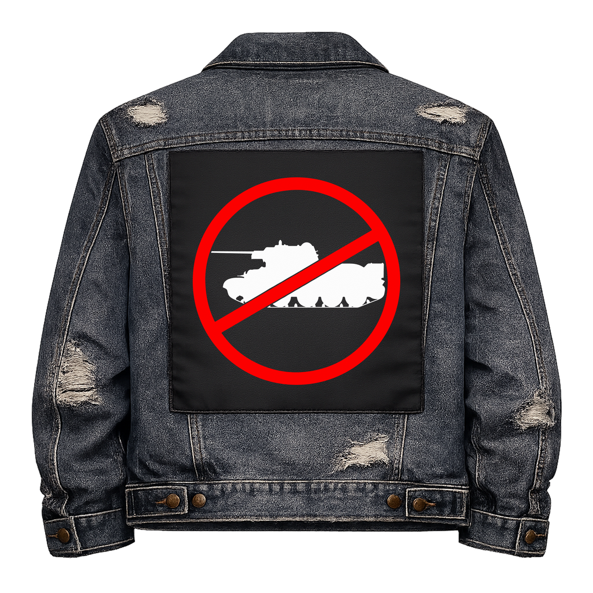 No War Full Colour Back Patch shown on the back of a distressed denim jacket: tank inside a red no symbol