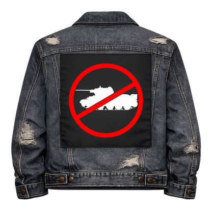 No War Full Colour Back Patch shown on the back of a distressed denim jacket: tank inside a red no symbol
