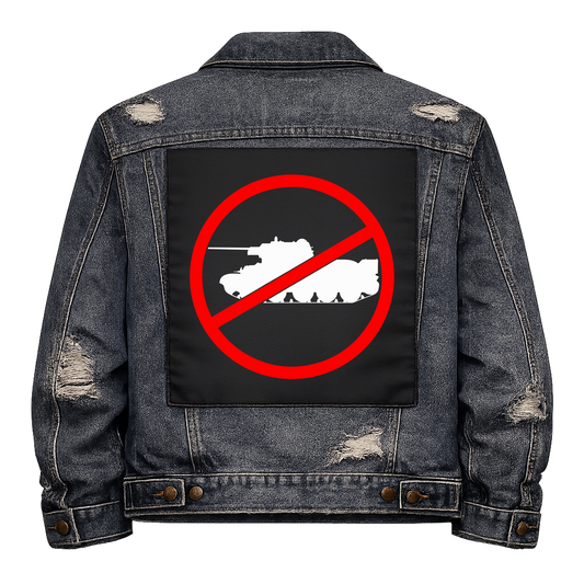 No War Full Colour Back Patch shown on the back of a distressed denim jacket: tank inside a red no symbol