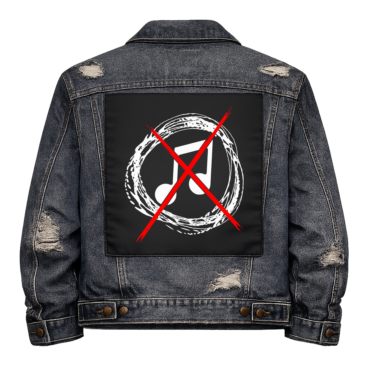 Noise Not Music Full Colour Back Patch shown on the back of a distressed denim jacket: music note in a scribbled white circle, crossed out with a red X