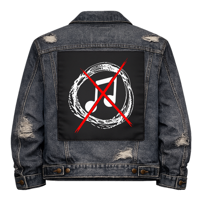 Noise Not Music Full Colour Back Patch shown on the back of a distressed denim jacket: music note in a scribbled white circle, crossed out with a red X