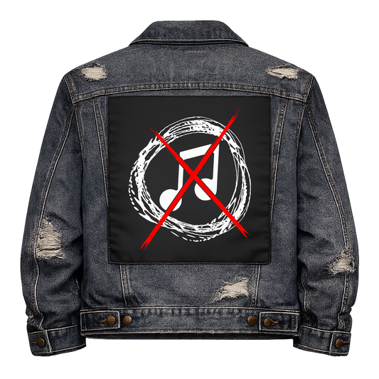 Noise Not Music Full Colour Back Patch shown on the back of a distressed denim jacket: music note in a scribbled white circle, crossed out with a red X
