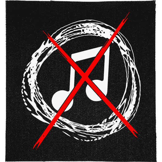 Noise Not Music Full Colour Patch: music note in a scribbled white circle, crossed out with a red X