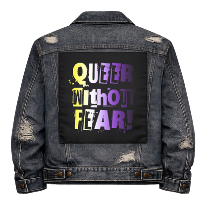 Non Binary Queer Without Fear Full Colour Back Patch shown on the back of a distressed denim jacket: ransom-note letters in non-binary flag yellow, white and purple, reading "QUEER WITHOUT FEAR!"