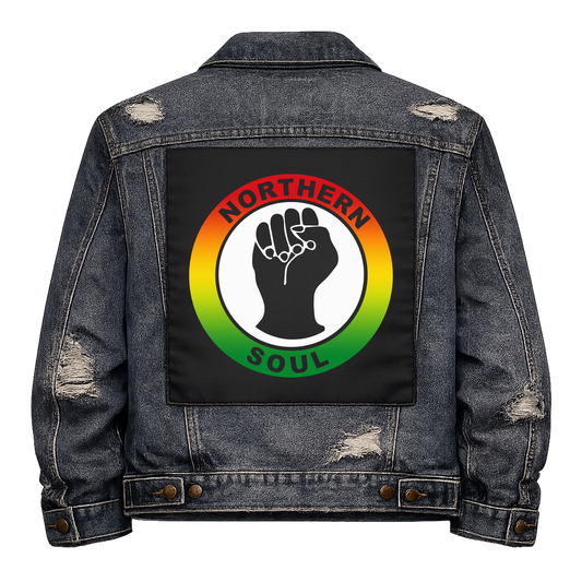 Northern Soul Full Colour Back Patch shown on the back of a distressed denim jacket: raised black fist inside a red, yellow and green roundel, reading "NORTHERN SOUL"