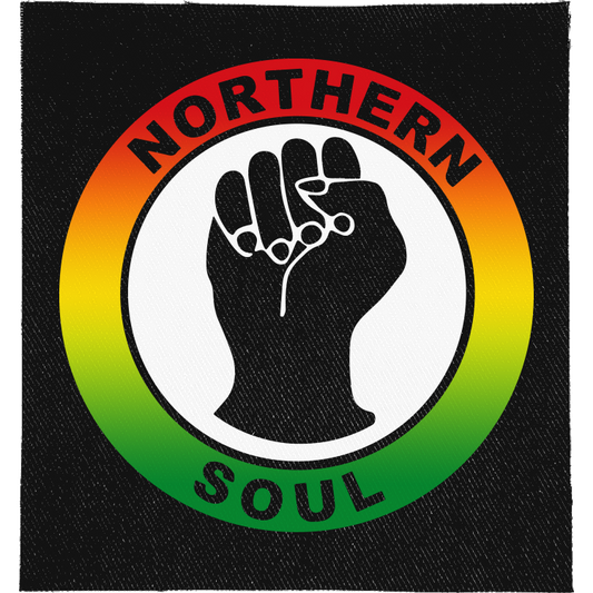Northern Soul Full Colour Patch: raised black fist inside a red, yellow and green roundel, reading "NORTHERN SOUL"