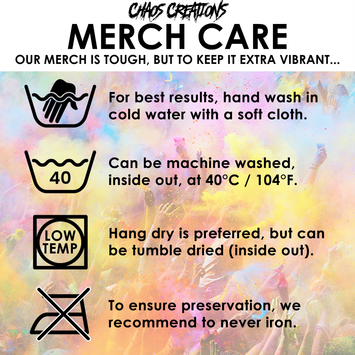 Not My King Full Colour Back Patch care guide: hand wash cold, machine wash inside out at 40°C, hang dry and never iron