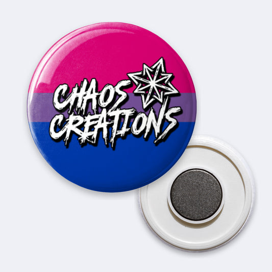 Custom one-off badge magnet printed with a Chaos Creations design on the bi pride flag, with its plastic back and 25mm magnet shown