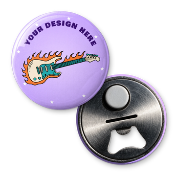 One-off custom bottle opener magnet printed with a flaming electric guitar and Your Design Here, shown with the steel bottle opener back and magnet