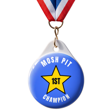 One-off custom 58mm medal printed Mosh Pit 1st Champion, hanging from a brass hook through its white teardrop tab and a jump ring on a red, white and blue ribbon