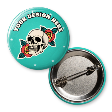One-off custom pin badge printed with a tattoo-style skull and roses and Your Design Here, shown with its safety pin back