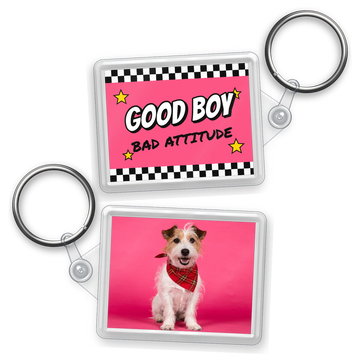 One-off clear acrylic photo keyring 45x35mm, front with a photo of a terrier in a tartan bandana and back printed Good Boy Bad Attitude, with a clear connector and silver split ring