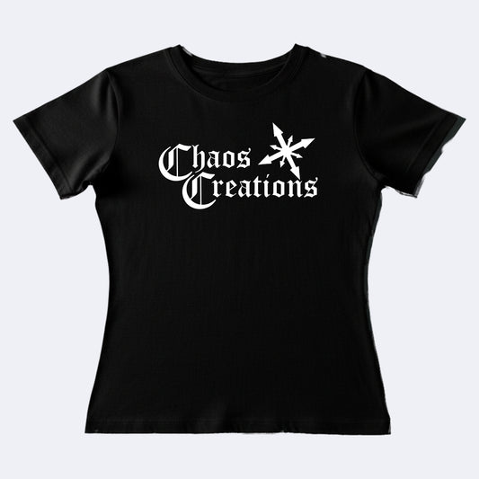 Black custom one-off women's fit T-shirt printed in full colour with a Chaos Creations logo