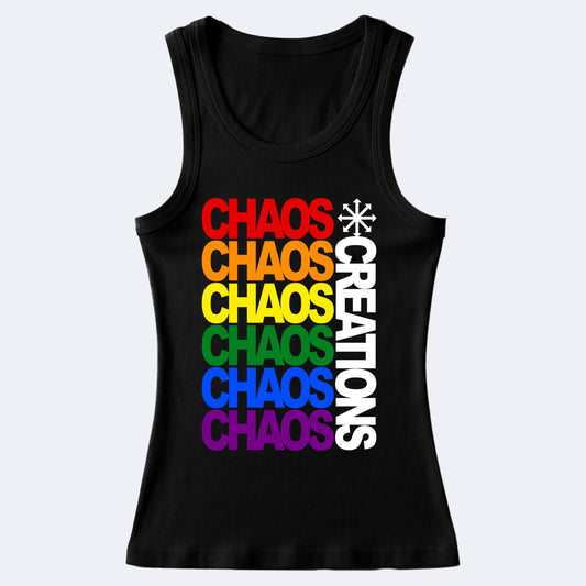 Black custom one-off women's vest printed in full colour with a Chaos Creations logo
