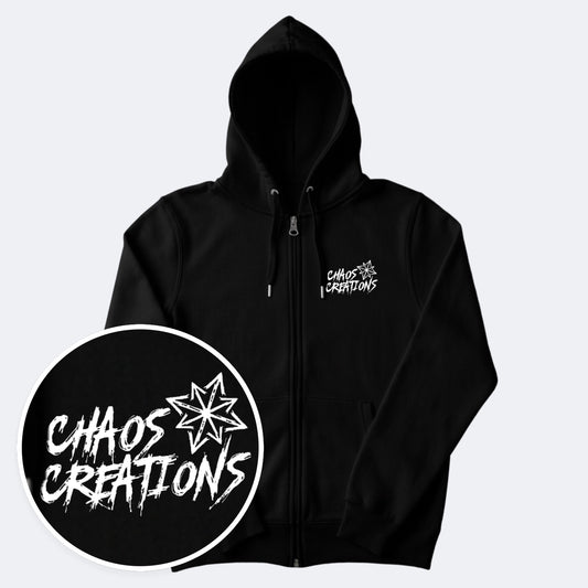 A black custom one-off zip hoodie printed in full colour on the left chest with a Chaos Creations logo, and a close-up of the print