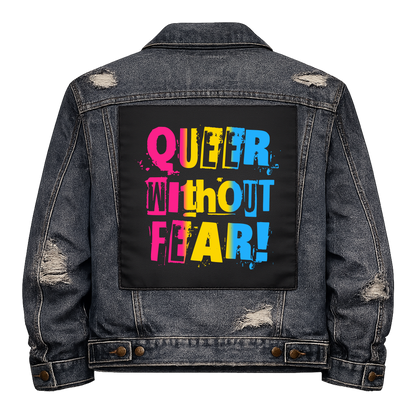 Pansexual Queer Without Fear Full Colour Back Patch shown on the back of a distressed denim jacket: ransom-note letters in pansexual flag pink, yellow and blue, reading "QUEER WITHOUT FEAR!"
