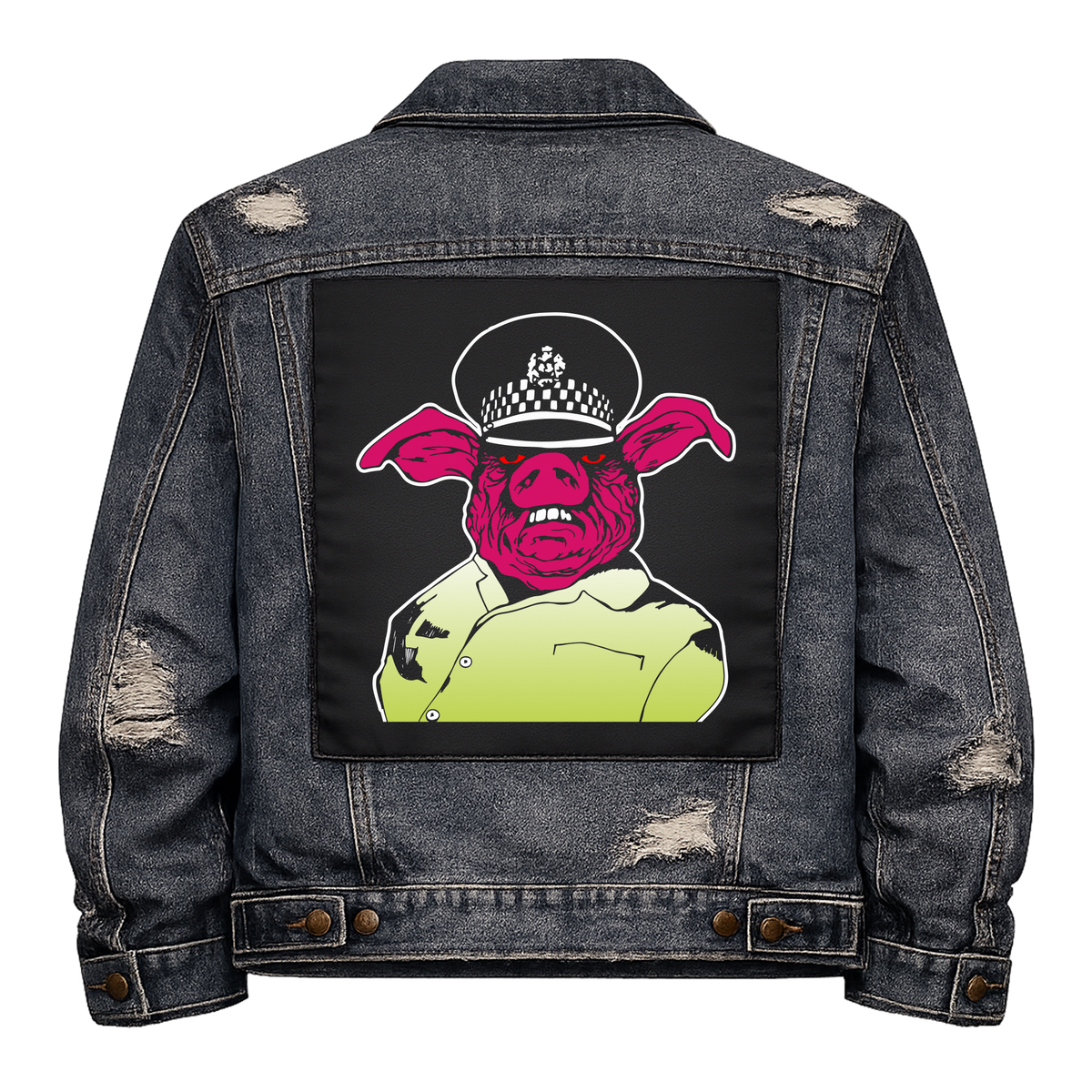 Pig Copper Full Colour Back Patch shown on the back of a distressed denim jacket: pig's head in a chequered police peaked cap and a hi-vis jacket