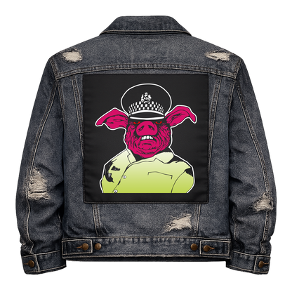 Pig Copper Full Colour Back Patch shown on the back of a distressed denim jacket: pig's head in a chequered police peaked cap and a hi-vis jacket