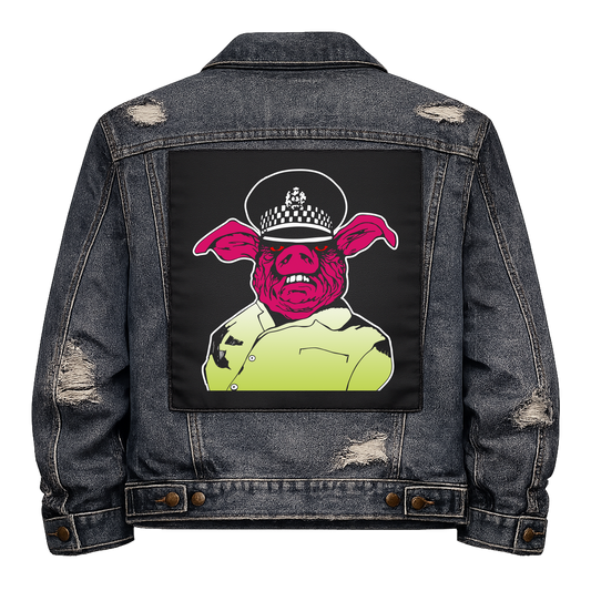 Pig Copper Full Colour Back Patch shown on the back of a distressed denim jacket: pig's head in a chequered police peaked cap and a hi-vis jacket