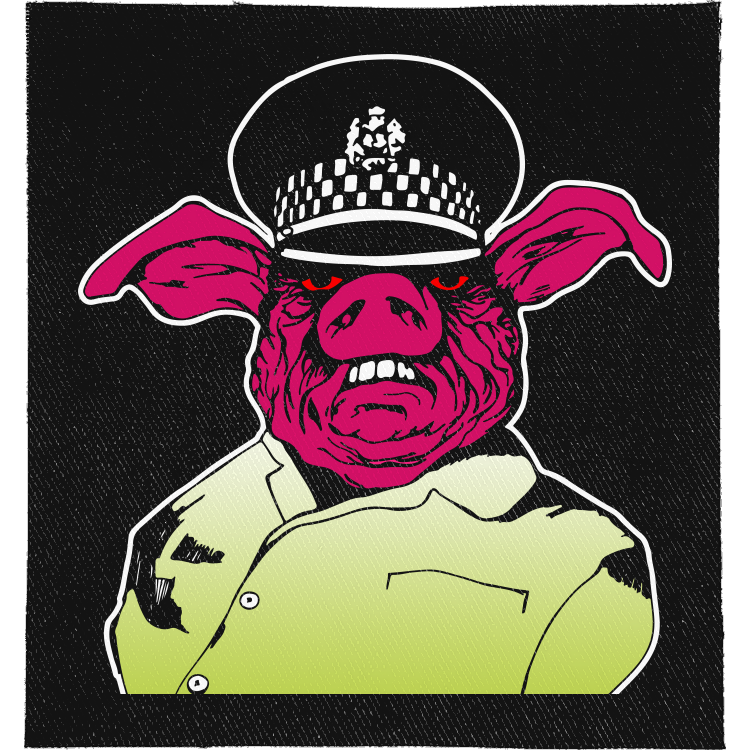 Pig Copper Full Colour Patch: pig's head in a chequered police peaked cap and a hi-vis jacket