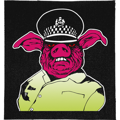 Pig Copper Full Colour Patch: pig's head in a chequered police peaked cap and a hi-vis jacket