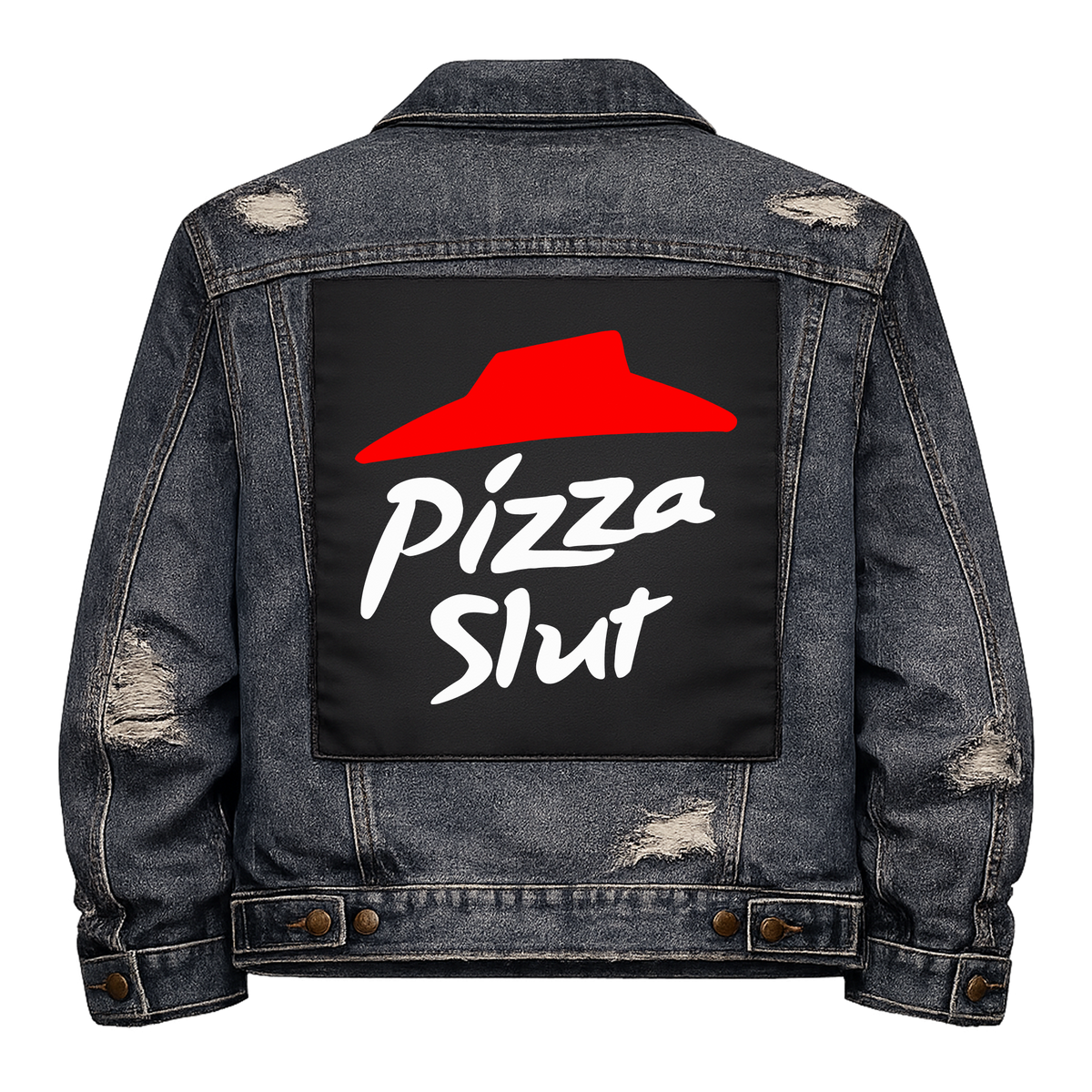 Pizza Slut Full Colour Back Patch shown on the back of a distressed denim jacket: red roof logo above white script lettering, reading "PIZZA SLUT"