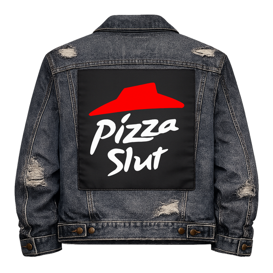 Pizza Slut Full Colour Back Patch shown on the back of a distressed denim jacket: red roof logo above white script lettering, reading "PIZZA SLUT"