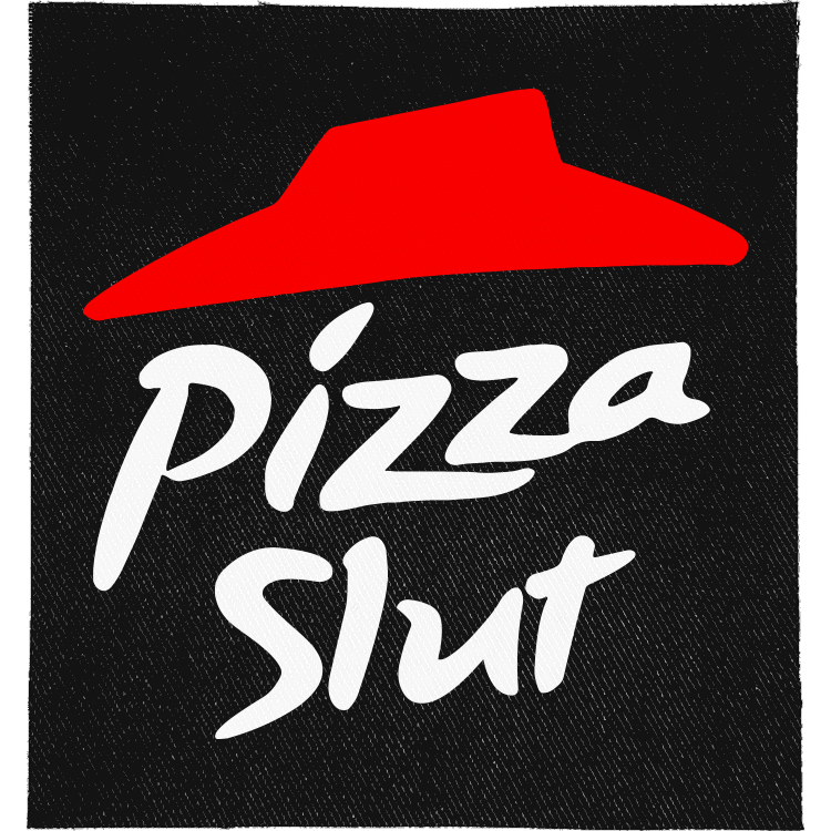 Pizza Slut Full Colour Patch: red roof logo above white script lettering, reading "PIZZA SLUT"