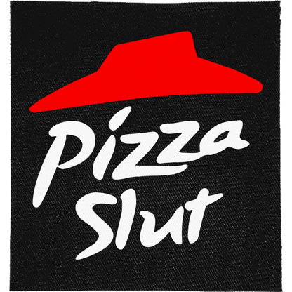Pizza Slut Full Colour Patch: red roof logo above white script lettering, reading "PIZZA SLUT"