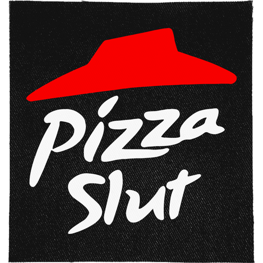 Pizza Slut Full Colour Patch: red roof logo above white script lettering, reading "PIZZA SLUT"