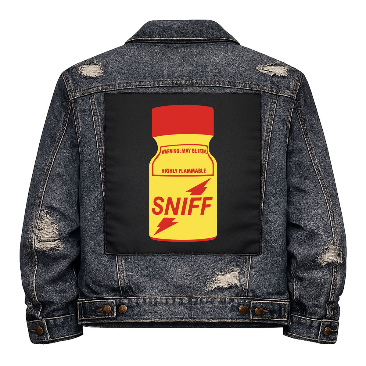 Poppers Full Colour Back Patch shown on the back of a distressed denim jacket: yellow poppers bottle with a red cap and HIGHLY FLAMMABLE warning label, reading "SNIFF"