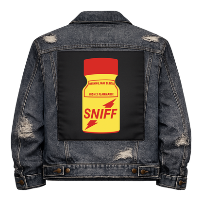 Poppers Full Colour Back Patch shown on the back of a distressed denim jacket: yellow poppers bottle with a red cap and HIGHLY FLAMMABLE warning label, reading "SNIFF"