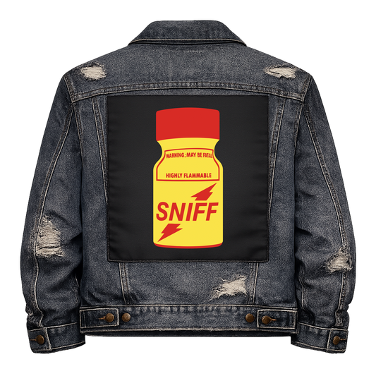Poppers Full Colour Back Patch shown on the back of a distressed denim jacket: yellow poppers bottle with a red cap and HIGHLY FLAMMABLE warning label, reading "SNIFF"