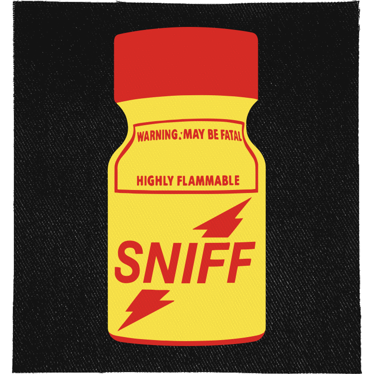 Poppers Full Colour Patch: yellow poppers bottle with a red cap and HIGHLY FLAMMABLE warning label, reading "SNIFF"