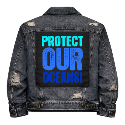 Protect Our Oceans Full Colour Back Patch shown on the back of a distressed denim jacket: distressed lettering in shades of blue, reading "PROTECT OUR OCEANS!"