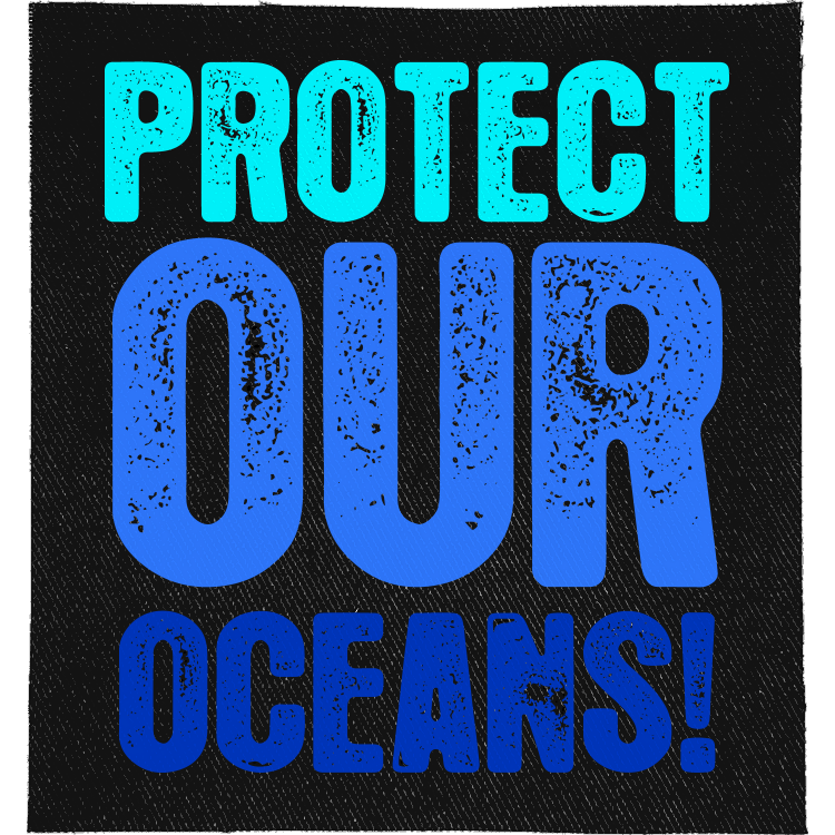 Protect Our Oceans Full Colour Patch: distressed lettering in shades of blue, reading "PROTECT OUR OCEANS!"