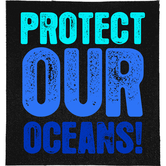 Protect Our Oceans Full Colour Patch: distressed lettering in shades of blue, reading "PROTECT OUR OCEANS!"