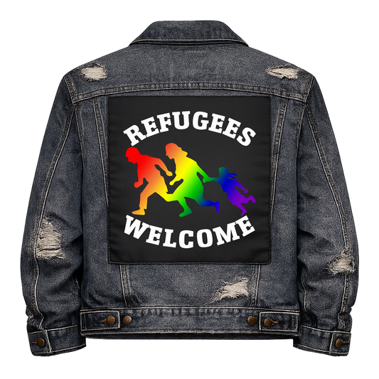 Queer Refugees Welcome Full Colour Back Patch shown on the back of a distressed denim jacket: running family silhouettes in rainbow colours, reading "REFUGEES WELCOME"