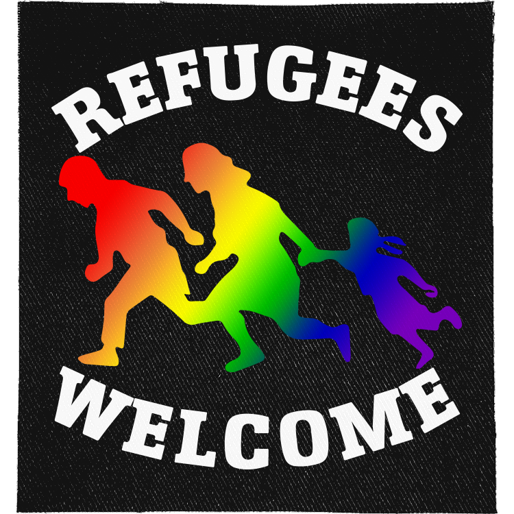 Queer Refugees Welcome Full Colour Patch: running family silhouettes in rainbow colours, reading "REFUGEES WELCOME"