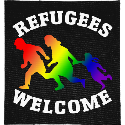 Queer Refugees Welcome Full Colour Patch: running family silhouettes in rainbow colours, reading "REFUGEES WELCOME"